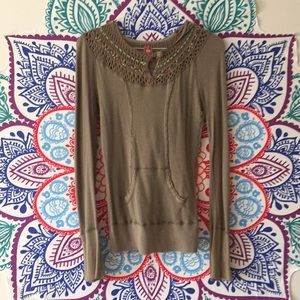 Free People Crochet Hooded Tan Sweater Sz M